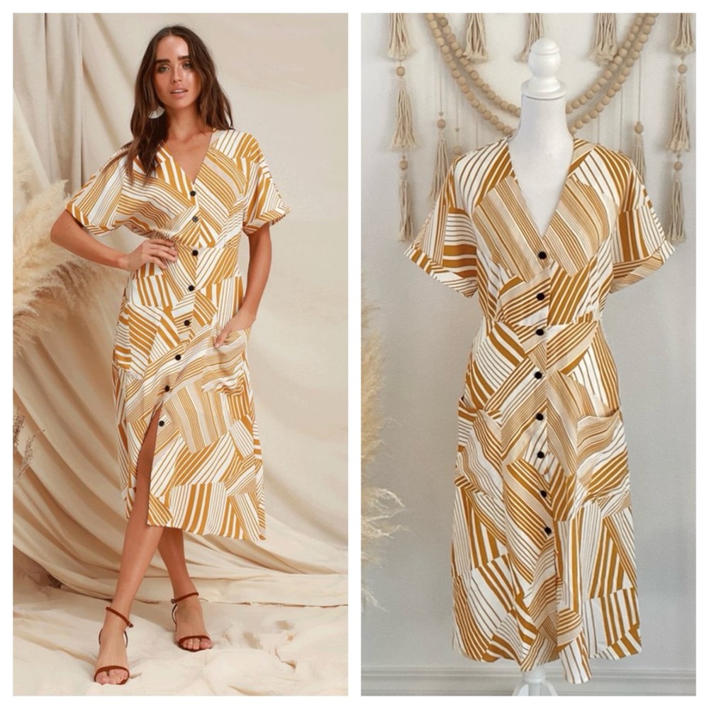 Urban Outfitters Striped Midi Dress Mustard White Medium Pockets Statement